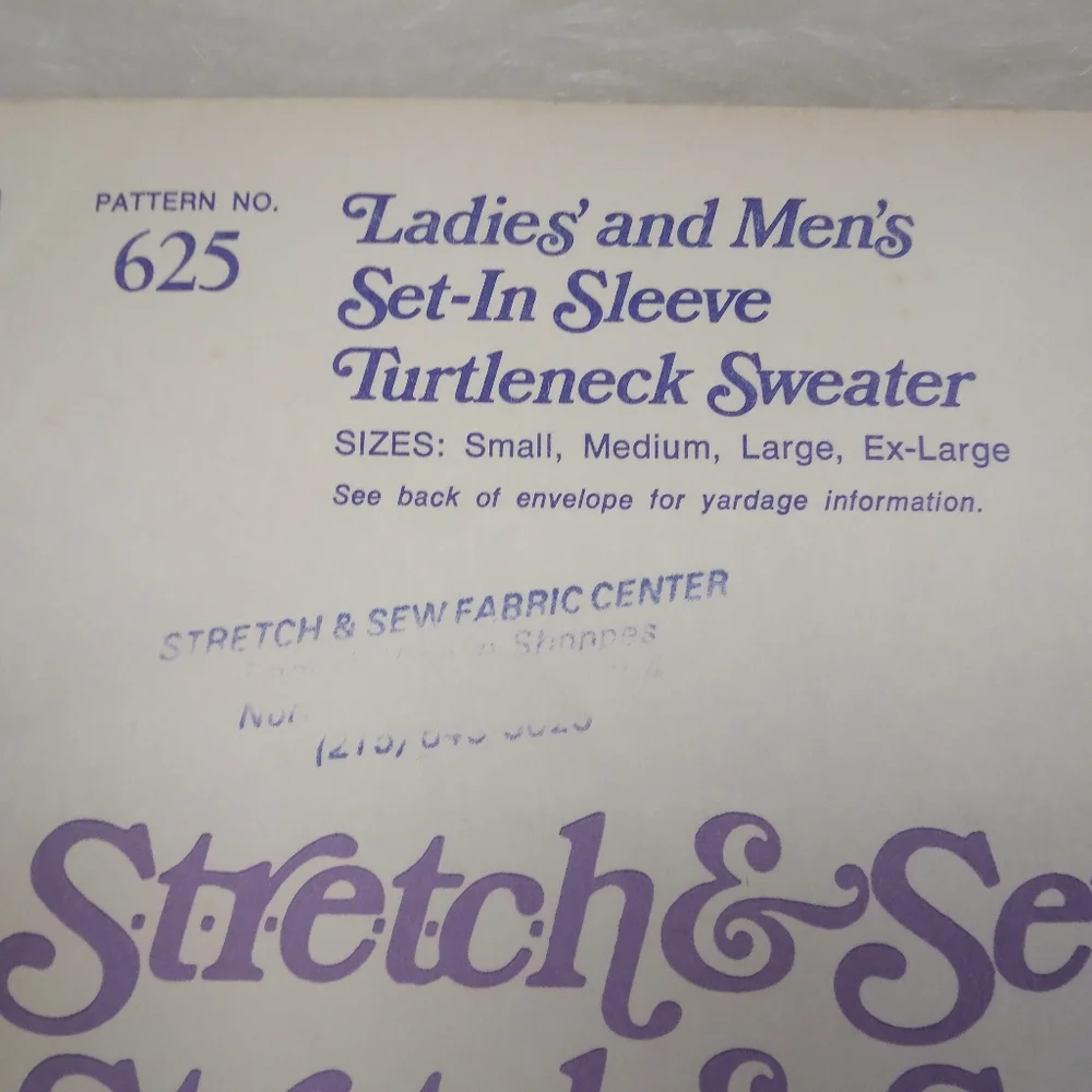 STRETCH & SEW 625 Sz S-XL Ladies' & Men's Set In Sleeve Turtleneck Sweater